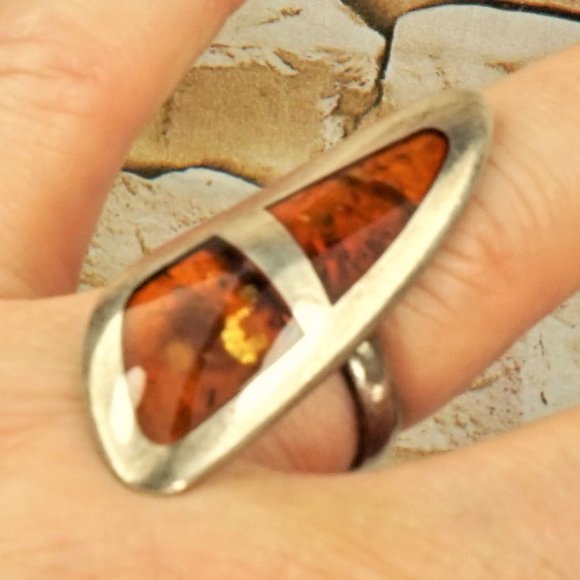 BALTIC AMBER 925 SILVER LONG RING 7.75, RARE TO FIND JEWELRY, GIFT FOR WOMEN - Picture 5 of 10